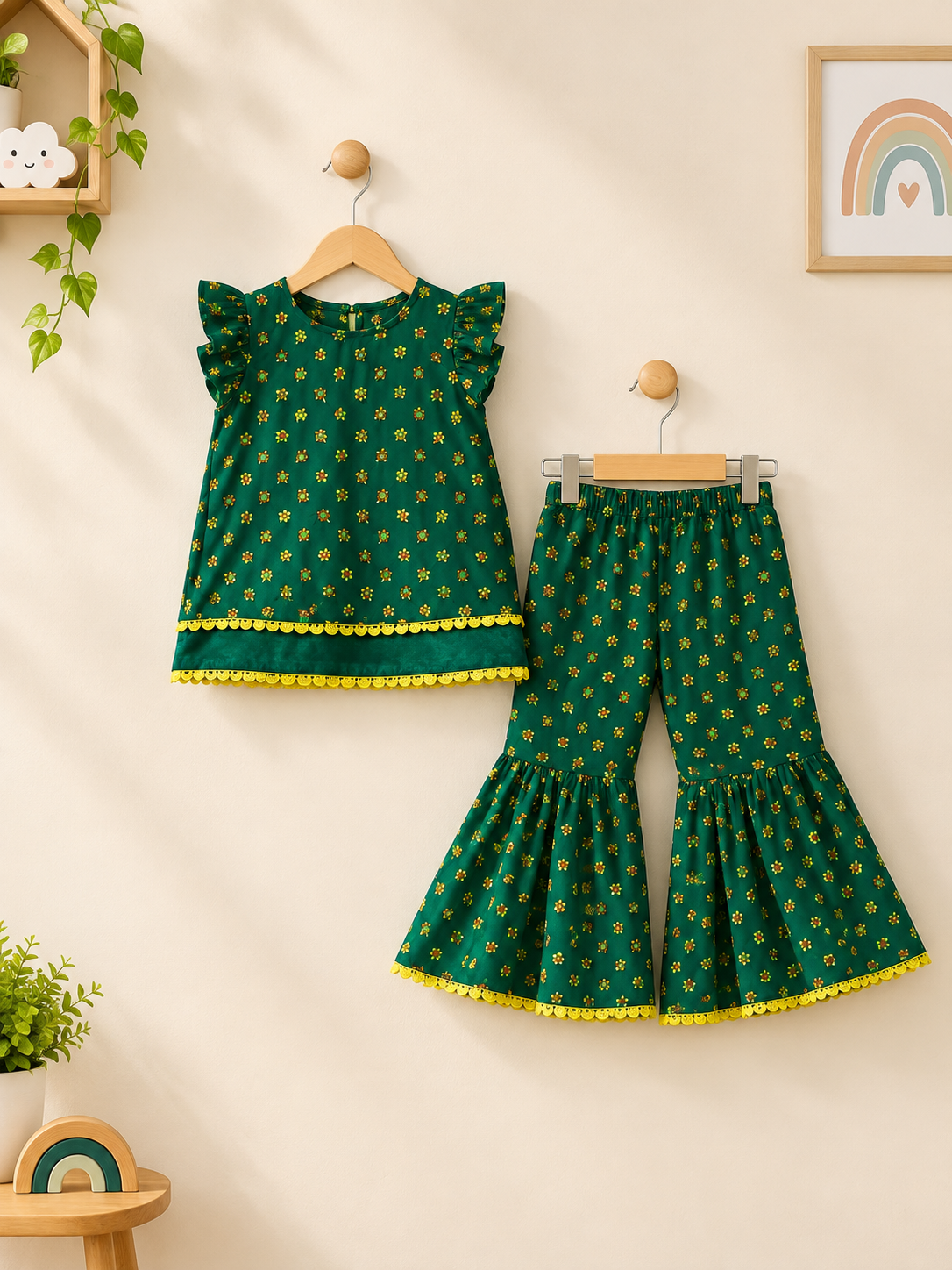 Girls Green Floral Kurta Sharara Set | Sara’s Lounge