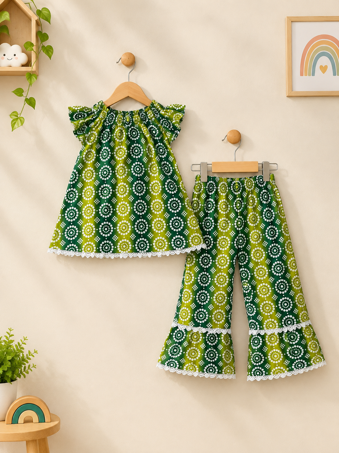 Girls Green Printed Top & Flared Pants Set | Sara’s Lounge