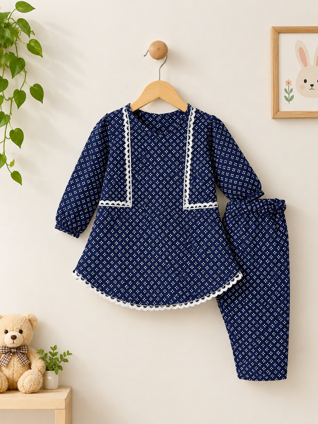 Girls Navy Blue Printed 2-Piece Suit | Sara’s Lounge