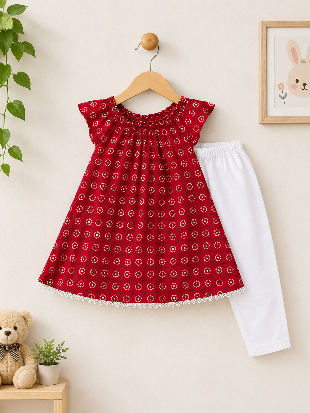 Girls Red Printed Top & White Trouser Set | Sara’s Lounge