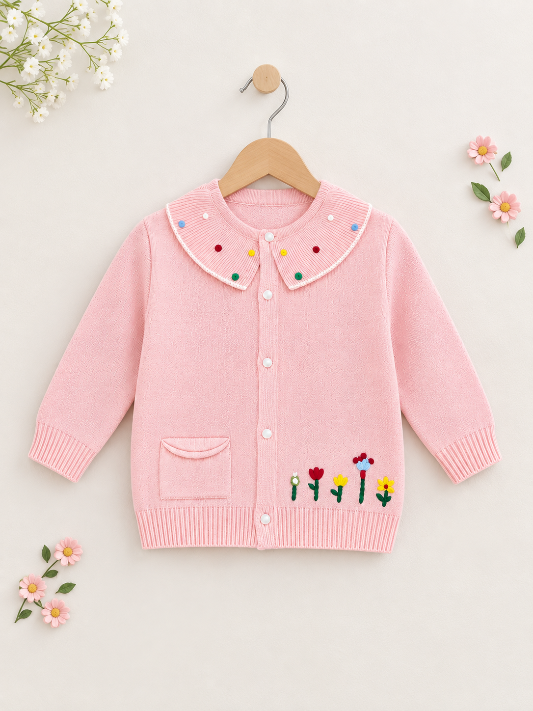 Girls Pink Embroidered Knit Cardigan with Floral Embroidery