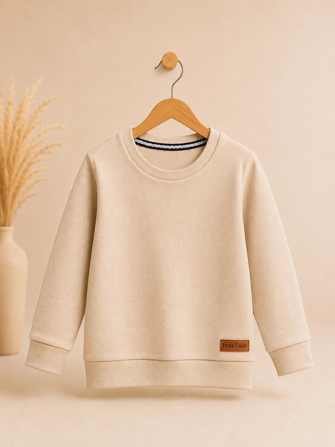 Kids Beige Ribbed Sweatshirt for Boys & Girls