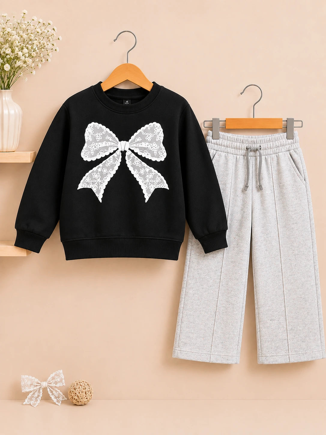 Girls Black Bow Sweatshirt & Trouser Set | Sara’s Lounge