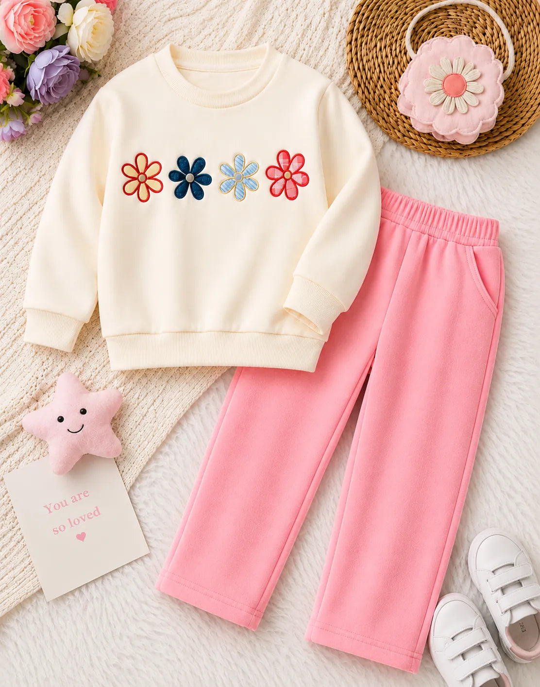 Girls Floral Print Sweatshirt & Pink Trouser Set | Sara’s Lounge