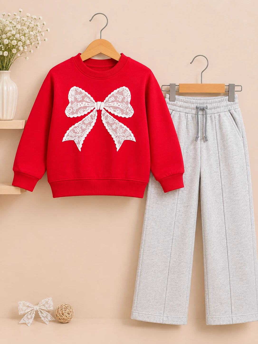 Girls Red Bow Sweatshirt & Trouser Set | Sara’s Lounge