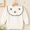 Girls Cream Knitted Sweater with Floral Design & Ruffle Collar