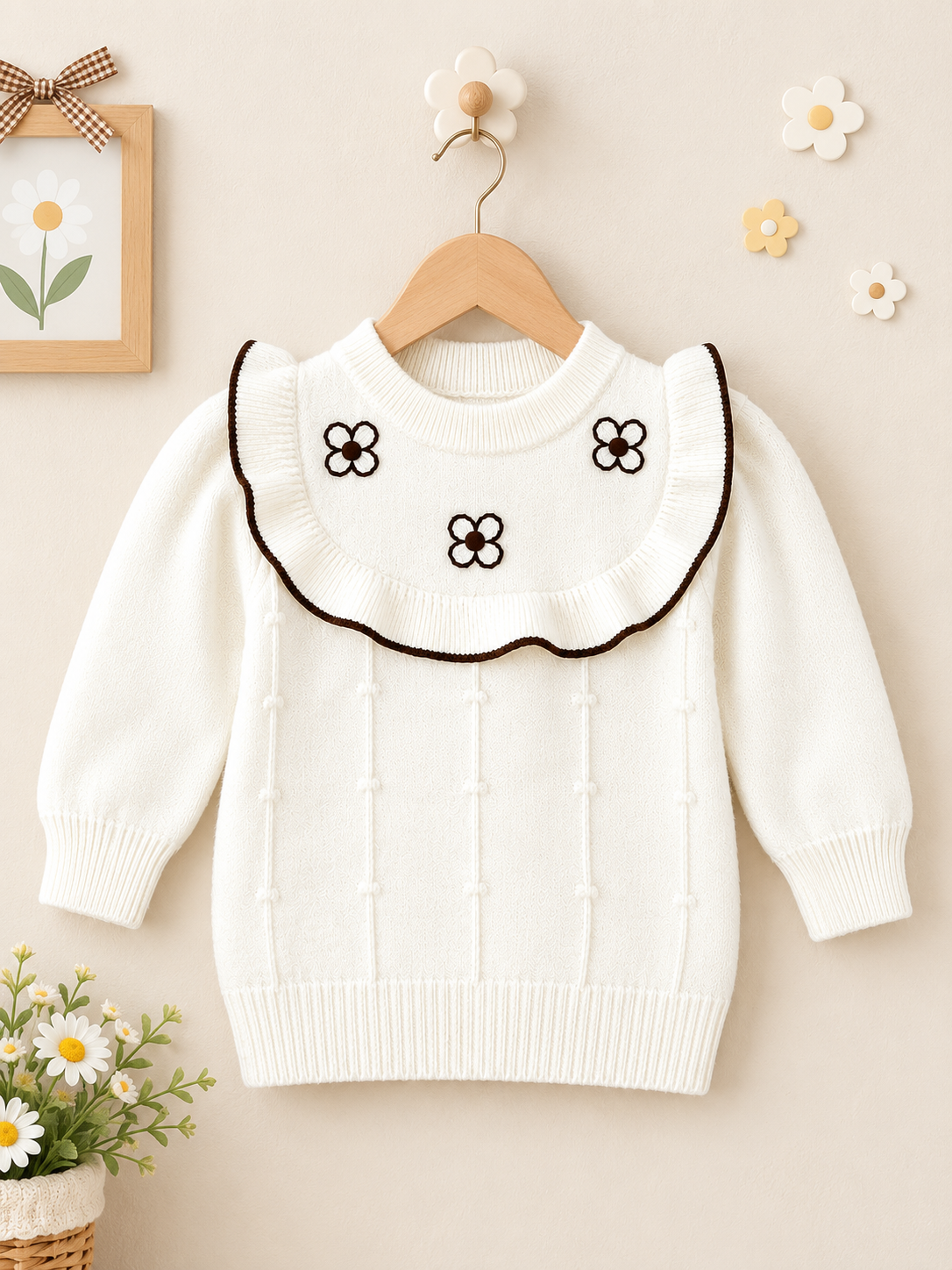 Girls Cream Knitted Sweater with Floral Design & Ruffle Collar